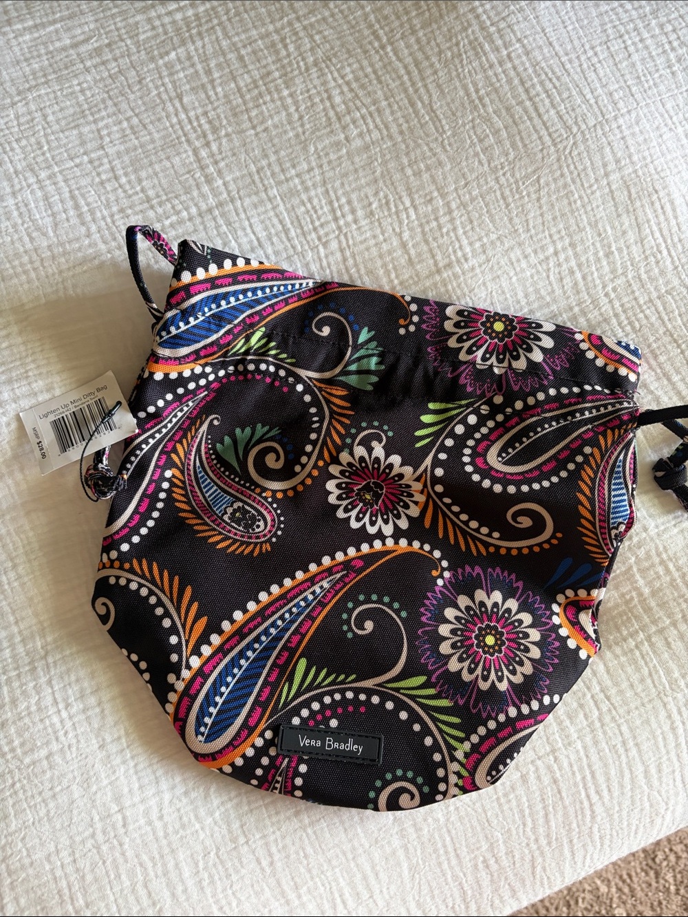 Vera Bradley Black Paisley Floral Drawstring Pouch with Multicolor Accents